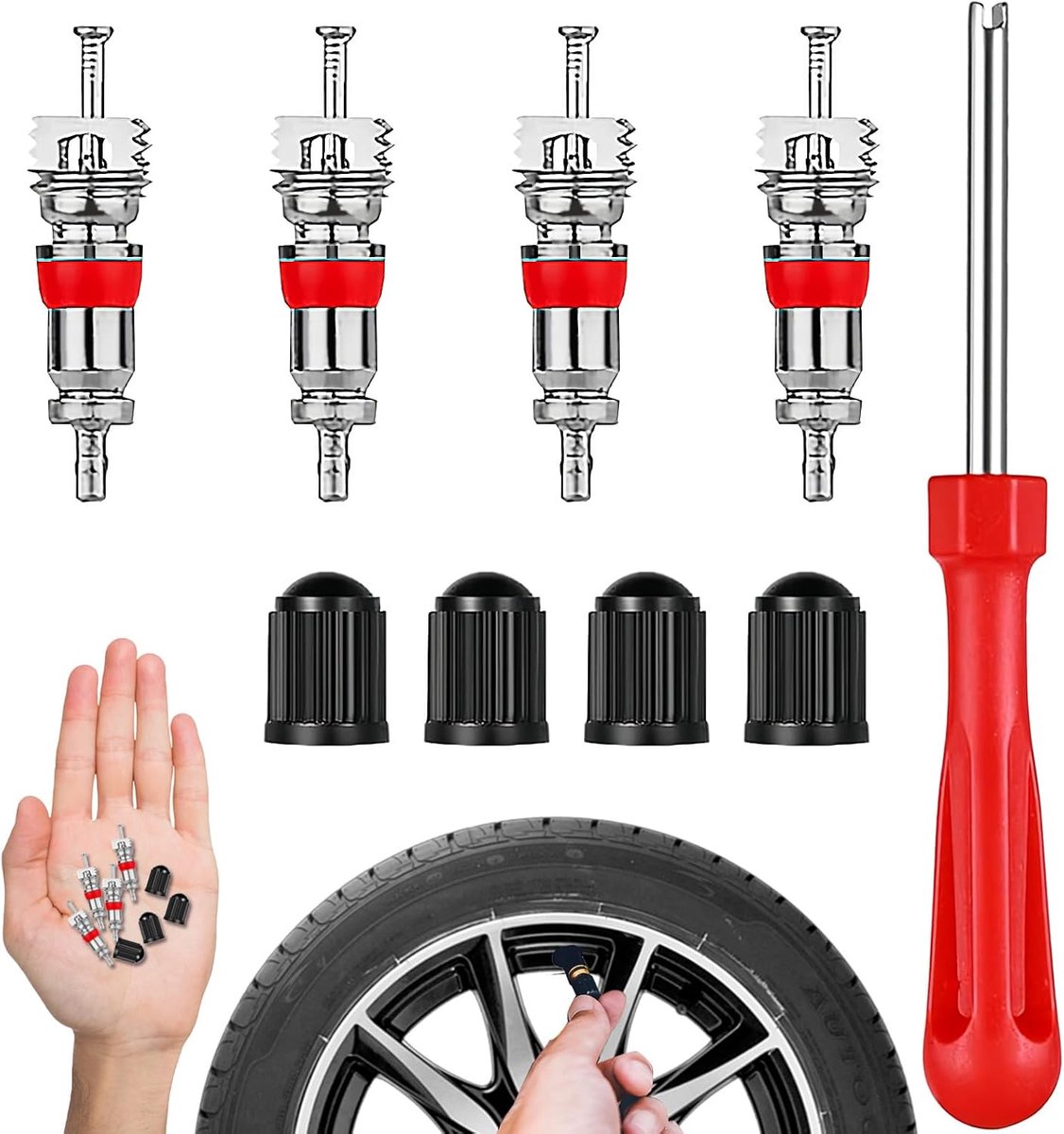Ventiel gereedschap set auto motorfiets fiets – 1 verwijdertool + 4 ventielkernen + 4 ventieldoppen – compact formaat, hoge drukbestendig, noodreparatie en onderhoud – rood zwart – 9,8 cm