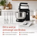 Zwarte Broba handmixer met metalen kom, met 4 accessoires en handleiding.