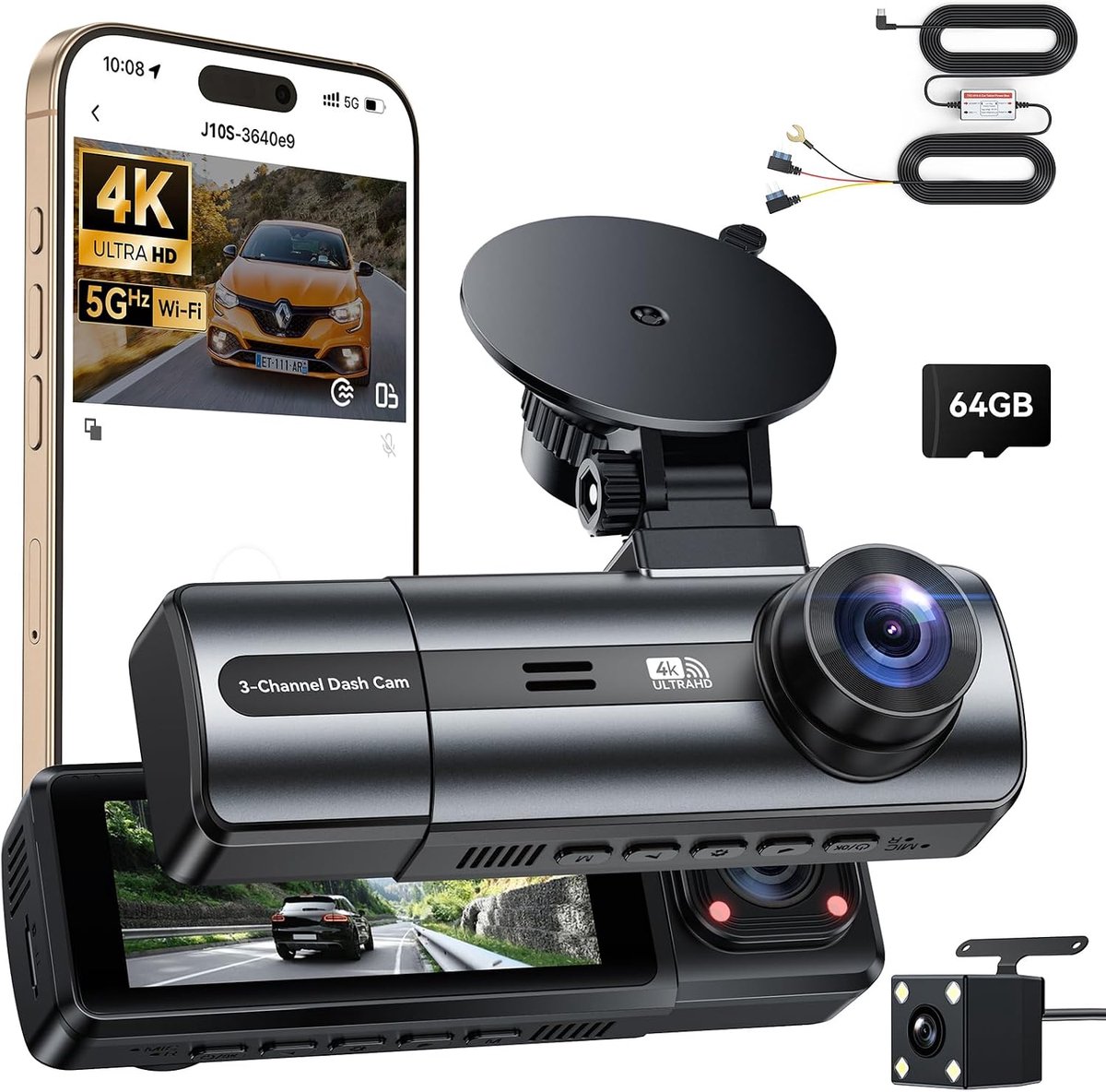 4K dashcam voor voor- en achterkant met hardwire-kit, 3-kanaals ingebouwde camera met 24-uurs parkeermodus, 64 GB SD-kaart, wifi en app, G-sensor, WDR, nachtzicht, loopopname.