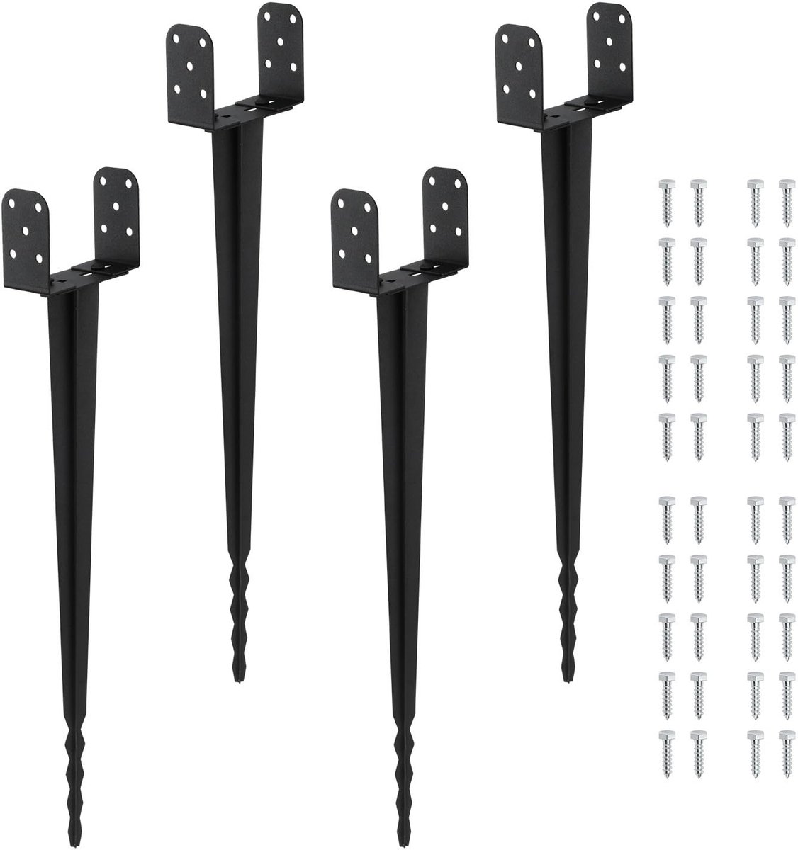 Set van 4 dubbele L-vormige bodemhulzen 70 cm met getand uiteinde, gemakkelijk in te slaan, verstelbare paaldrager tot 165 mm, grondankers voor houten en metalen palen, staal