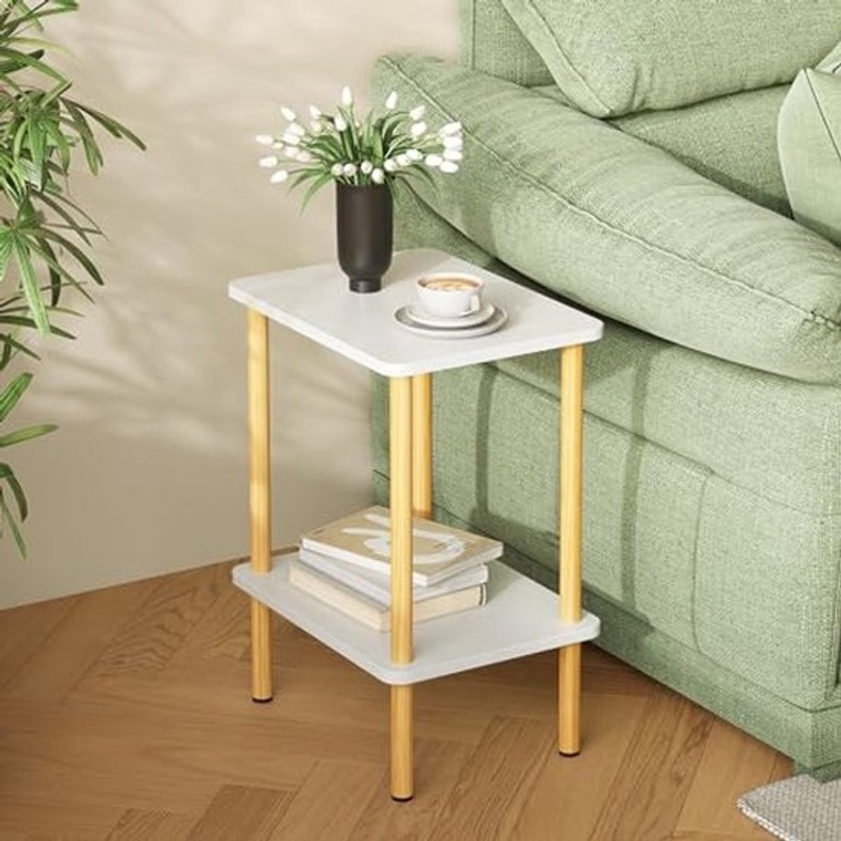Smal Houten Bijzettafel met 2 Niveaus en Opbergruimte voor Woonkamer en Slaapkamer - Eenvoudige Montage, Wit/Natuurlijk