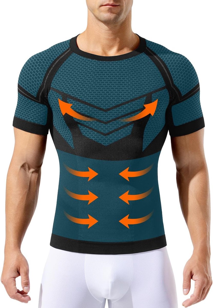 Compressieshirt voor heren, korte mouwen, vormend kledingstuk met zachte compressie, ademend sportshirt met stretch