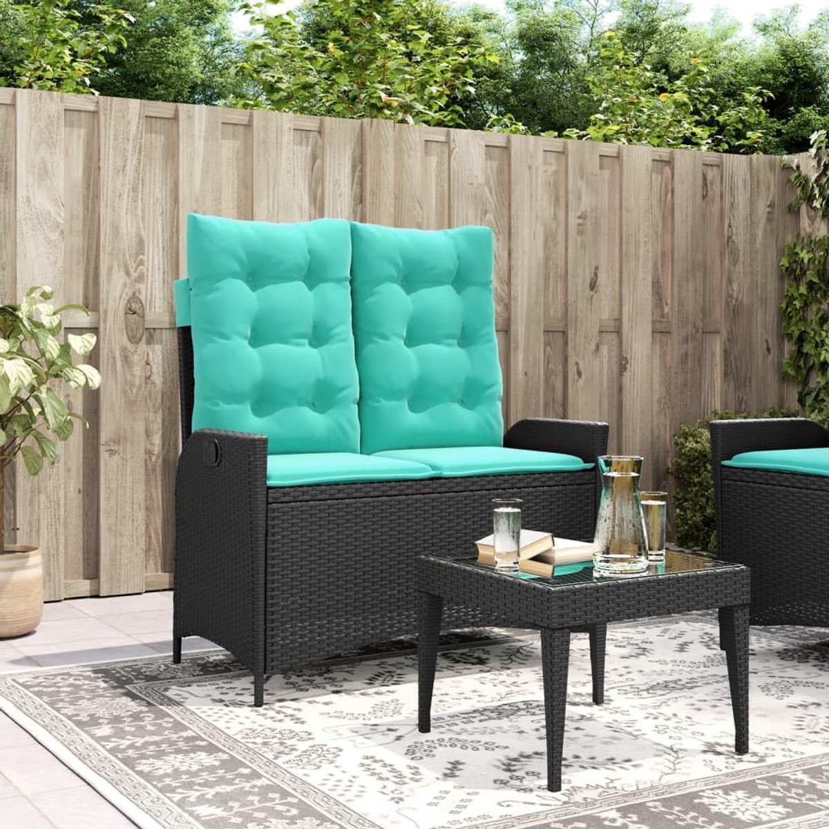 Rotanbank met kussen, verstelbare rugleuning, PE-rotan tuinbank met dik gevoerd zitkussen, afneembare en wasbare hoezen, gepoedercoat stalen frame