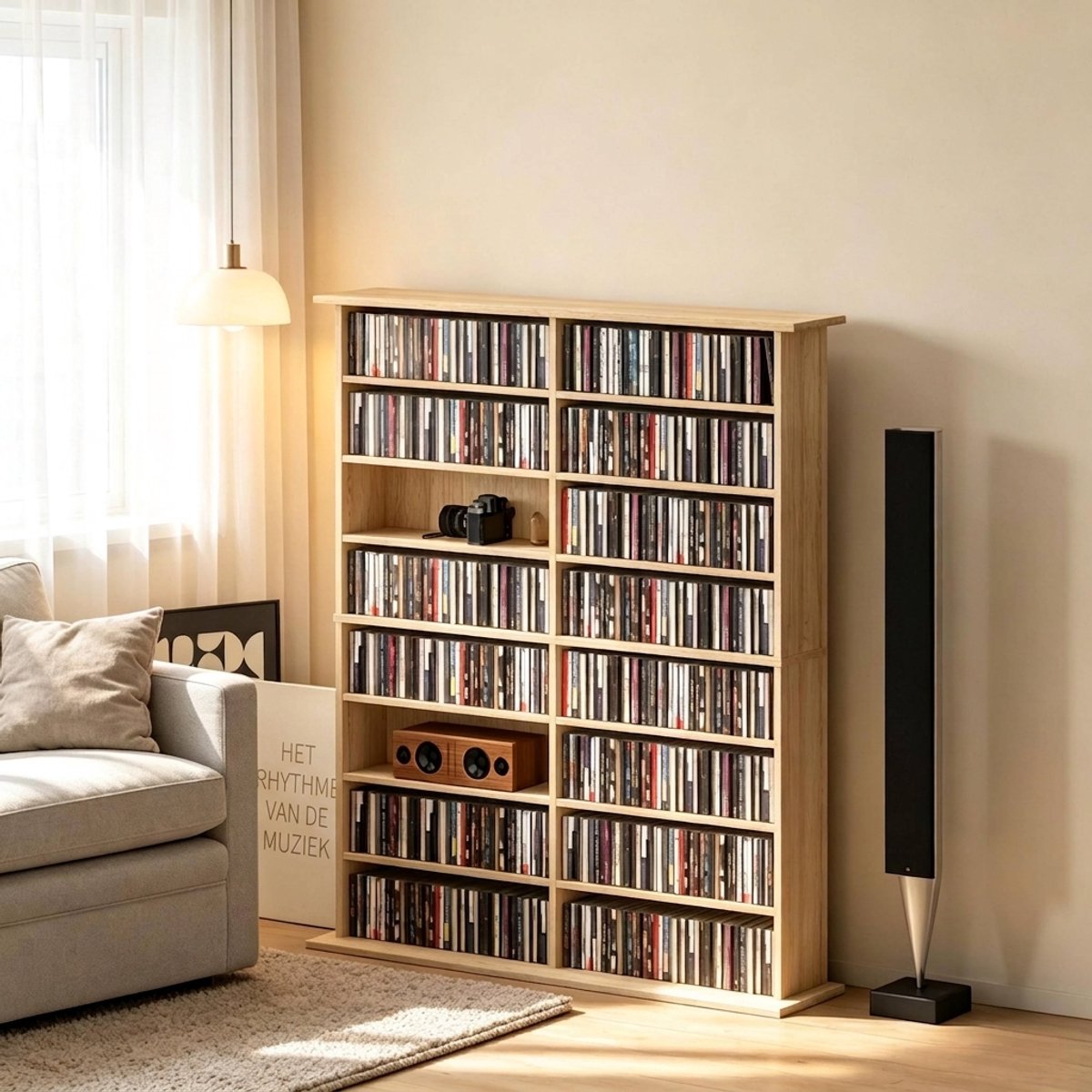 Opbergkast Grote Capaciteit - Mediakast - 16 Vakken - Verstelbare Planken - 720 CDs - Woonkamer - 106,5x24x126,3cm - Natuurlijke Houtlook