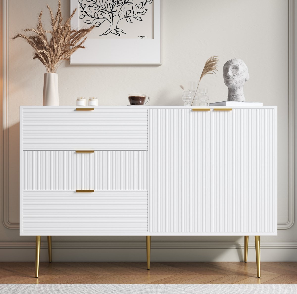 MEUNIQ dressoir 120 cm met 3 lades, 2 deuren en binnenplanken – wit-gouden MDF opbergkast voor woonkamer, eetkamer of slaapkamer
