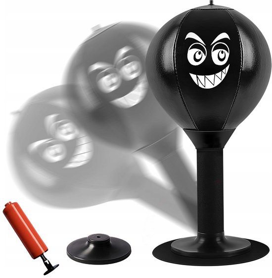 Zwarte desktop bokstrainer met boze gezicht, met een pomp en zuignap.