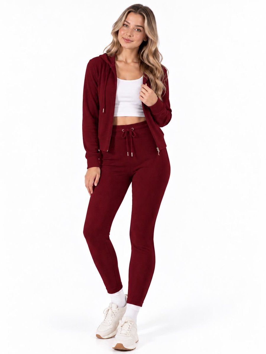 Dames Rib Fluffy Lounge Set-Trainingpak- Hoodie met capuchon-Rits-Joggingpak-Huispak-M/L(38/40) NGHP-W26003 Bordeaux