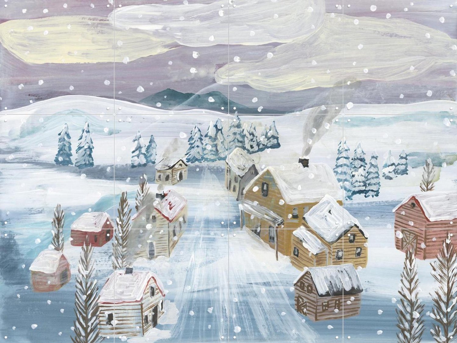 IXXI Village Under The Snow, Nathalie Lété - 80 x 60 cm - Grote wanddecoratie en posters - Schilderijen, Woonkamer, Gang, Kerst, Winter, Sneeuw Blauw / Wit