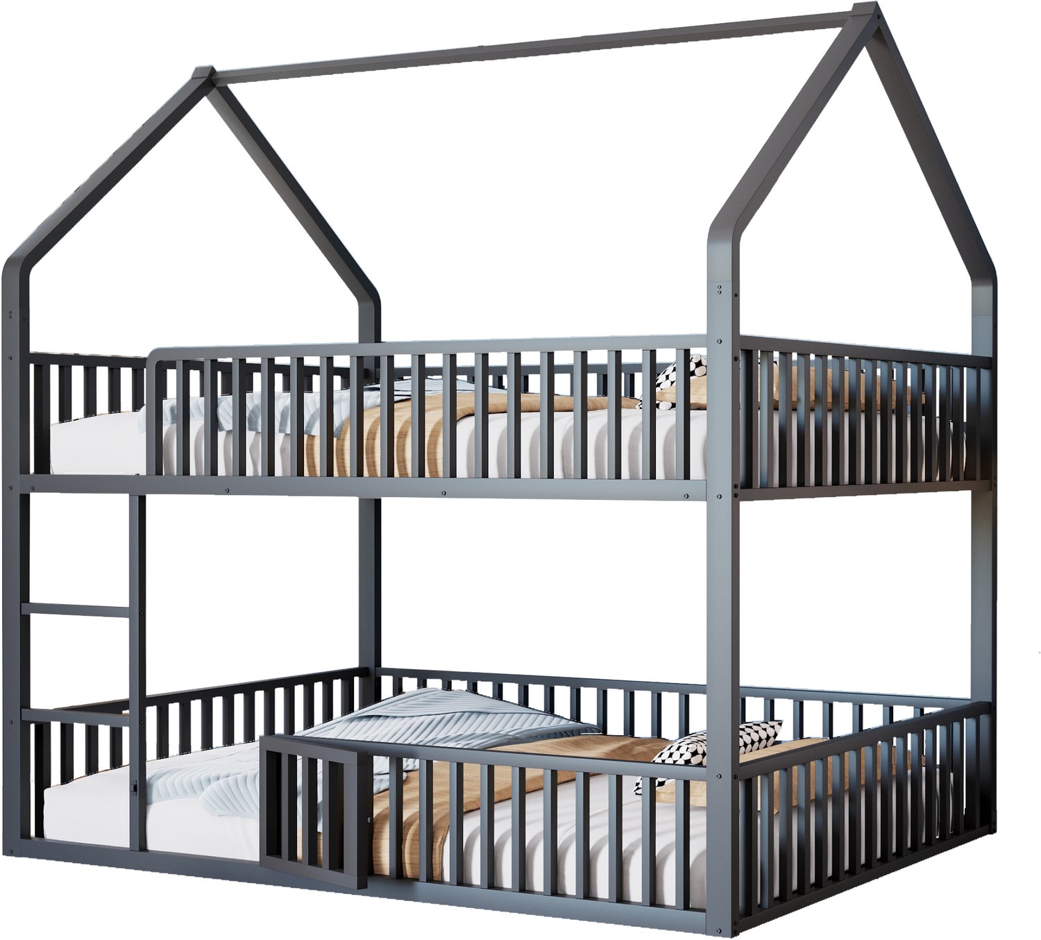 MUVANO Metalen stapelbed 140 x 200 cm - zwart kinderstapelbed met trap - huisvormig frame, veiligheidshekken en onderste bed met deur voor slaapkamer