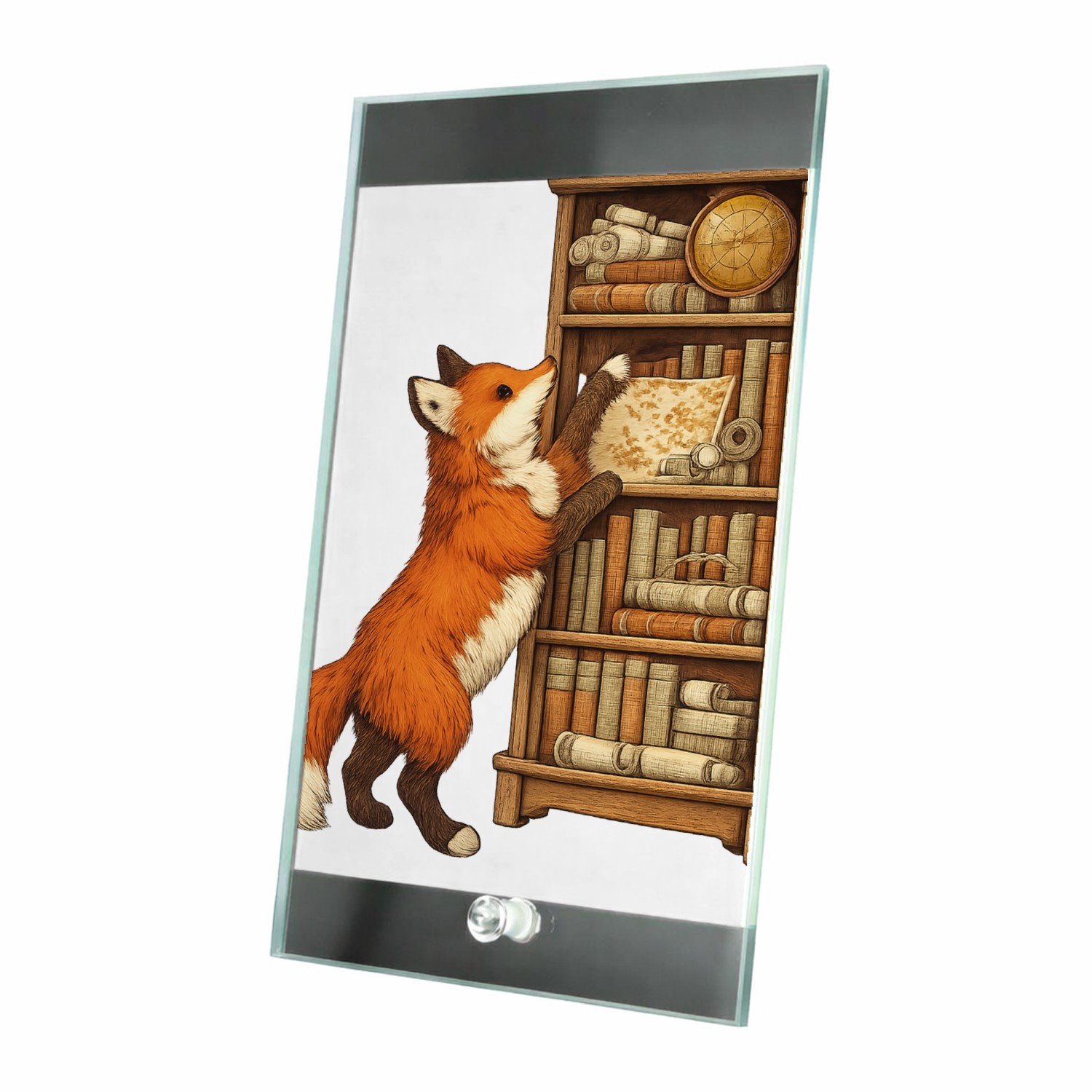 Mr Cadeautjes Glasframe 15 x 23 - design Een nieuwsgierige vos die tussen stapels oude kaarten en boe | cadeau Wit