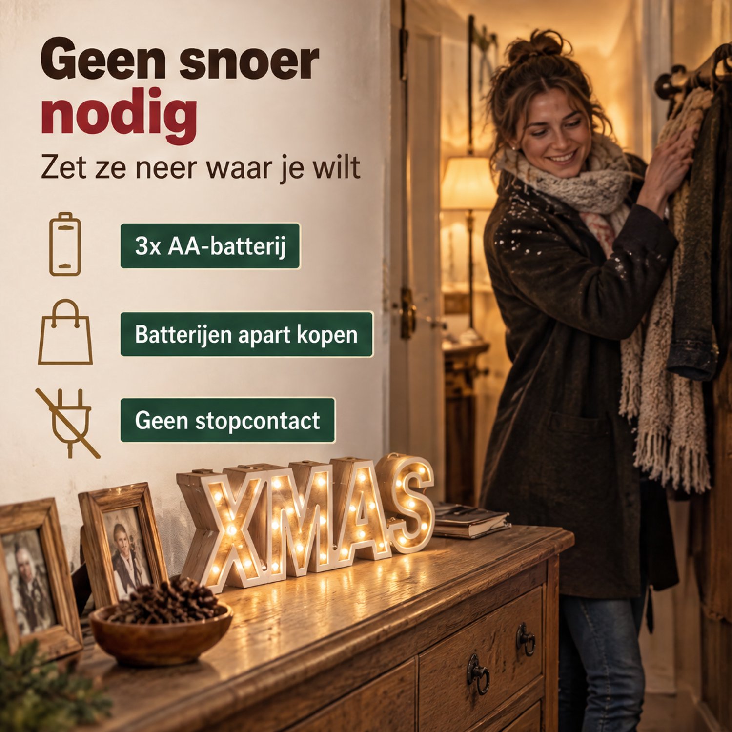 Levano Kerstversiering - Kerstdecoratie voor Binnen - LED Verlichting - Kerstlichtjes op Batterij - Vensterbank Decoratie - Houten Letters - LED Kerstverlichting - Kerstversiering Raam - Xmas Letters - Houten Kerstdecoratie - Kerstlampjes – foto 5