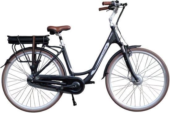 Zwarte Vogue Basic elektrische fiets van opzij met bruine banden.