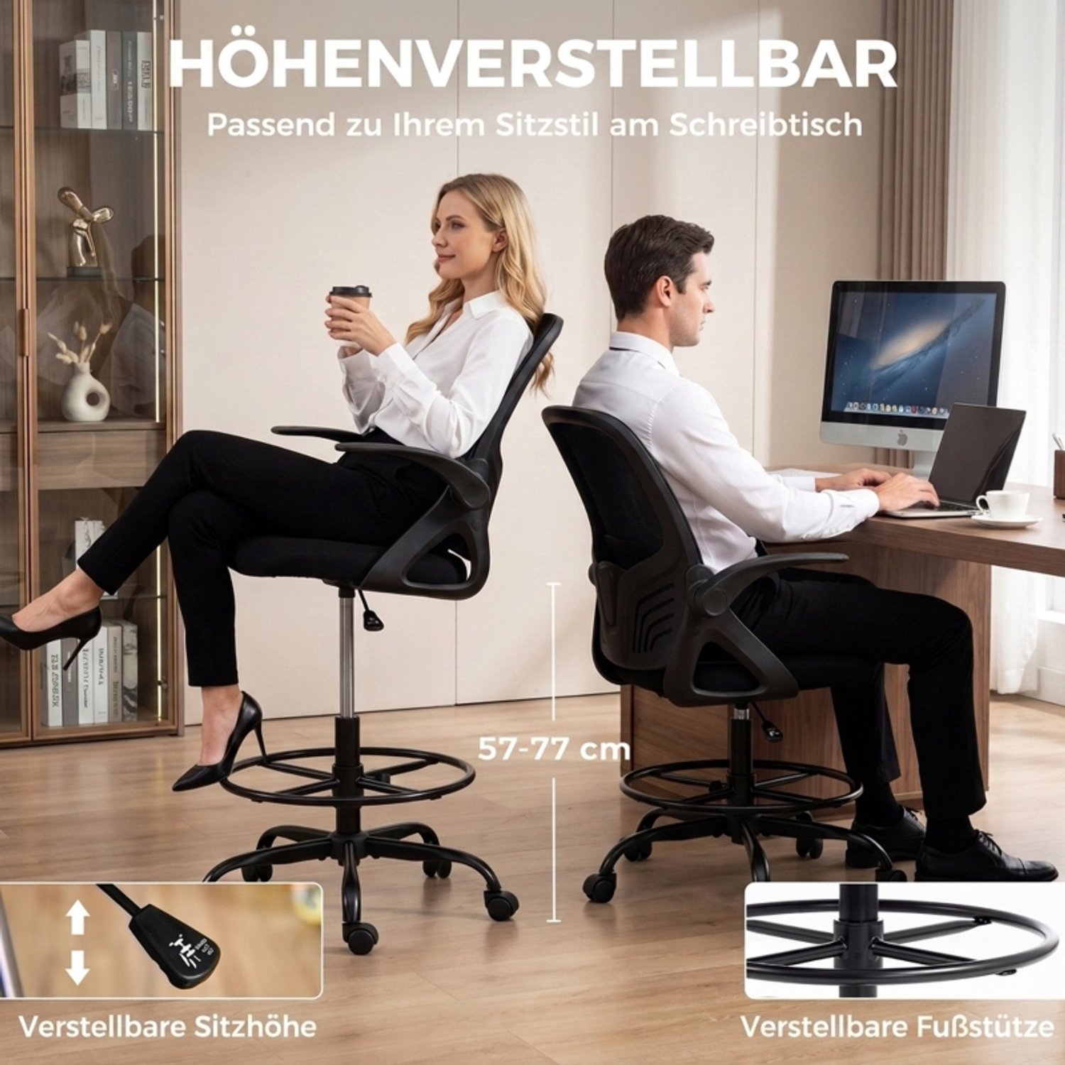 OKWISH Bureaustoel 65 x 59 x 104-124 cm - Verstelbare Zithoogte en Lendensteun - Voor Tekentafel en Kantoor - Polyester - Zwart