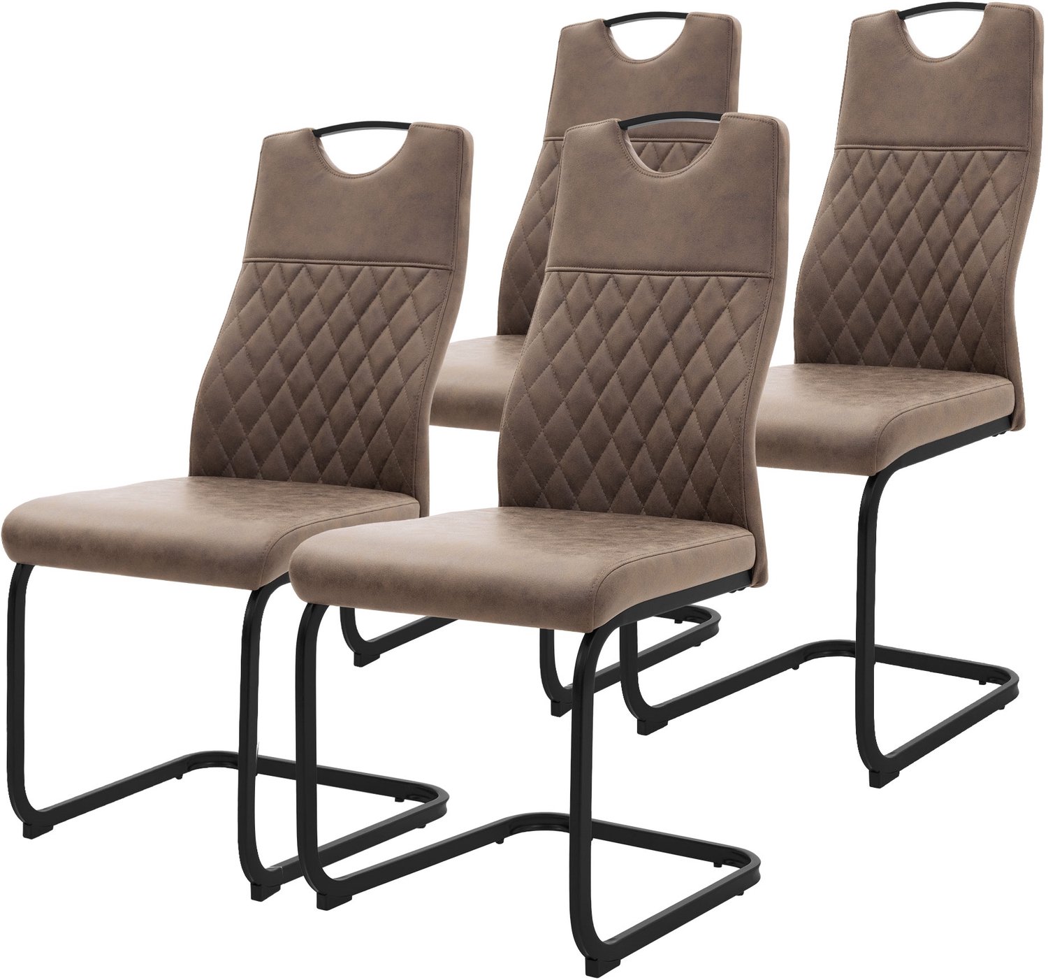 ml-design Set van 4 sledeframe eetkamerstoelen, buisframe design bruin, zittingen met ergoomische hohe rugleuning en handgreep, kunstlederen bekleding, schuimvulling en stalen frame, tot 120 kg