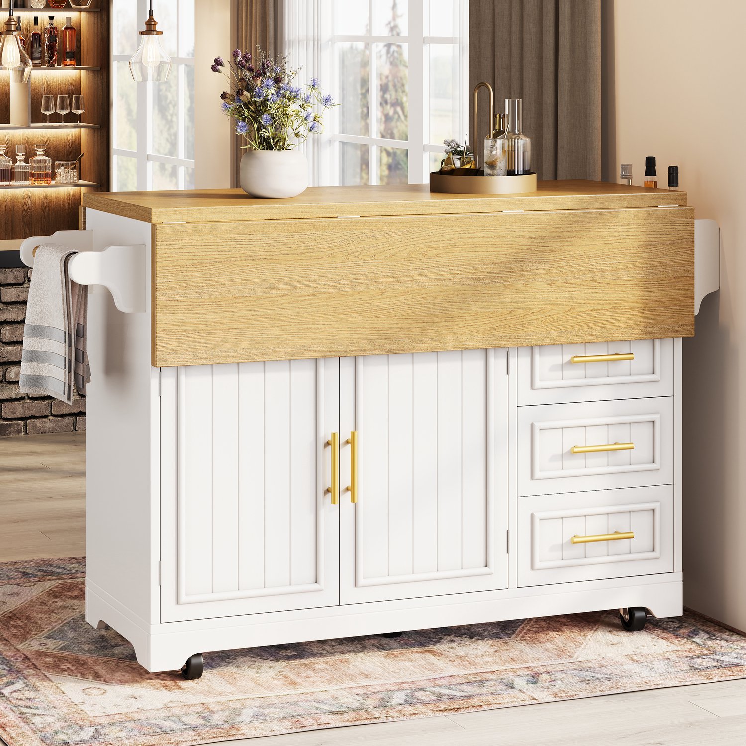 HAUSS SPOLE Keukeneiland - Opklapbaar Werkblad en 3 Lades - Verrijdbare Keukenkast voor Koken en Eten - MDF - Wit en Eikenlook - 120x40x95 cm
