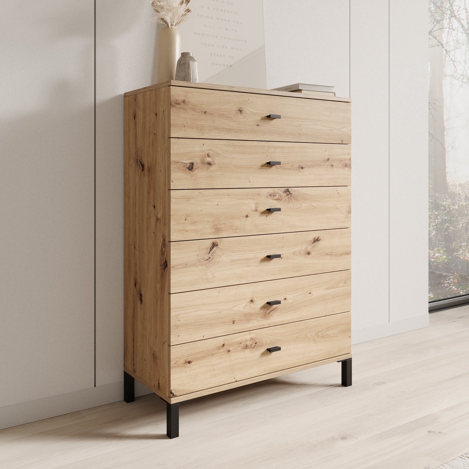 MEUBELLA Avellio - Ladekast met 6 lades - Eikenpatroon - 77x35x110 cm Bruin