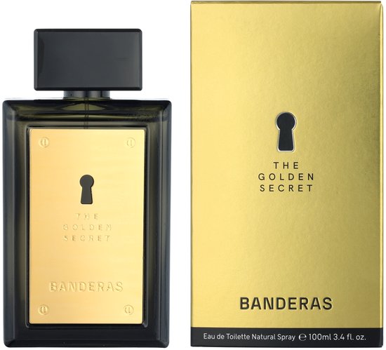 Antonio Banderas The Golden Secret Eau de Toilette 100ml flacon met gouden plaat en bijbehorende gouden doos.