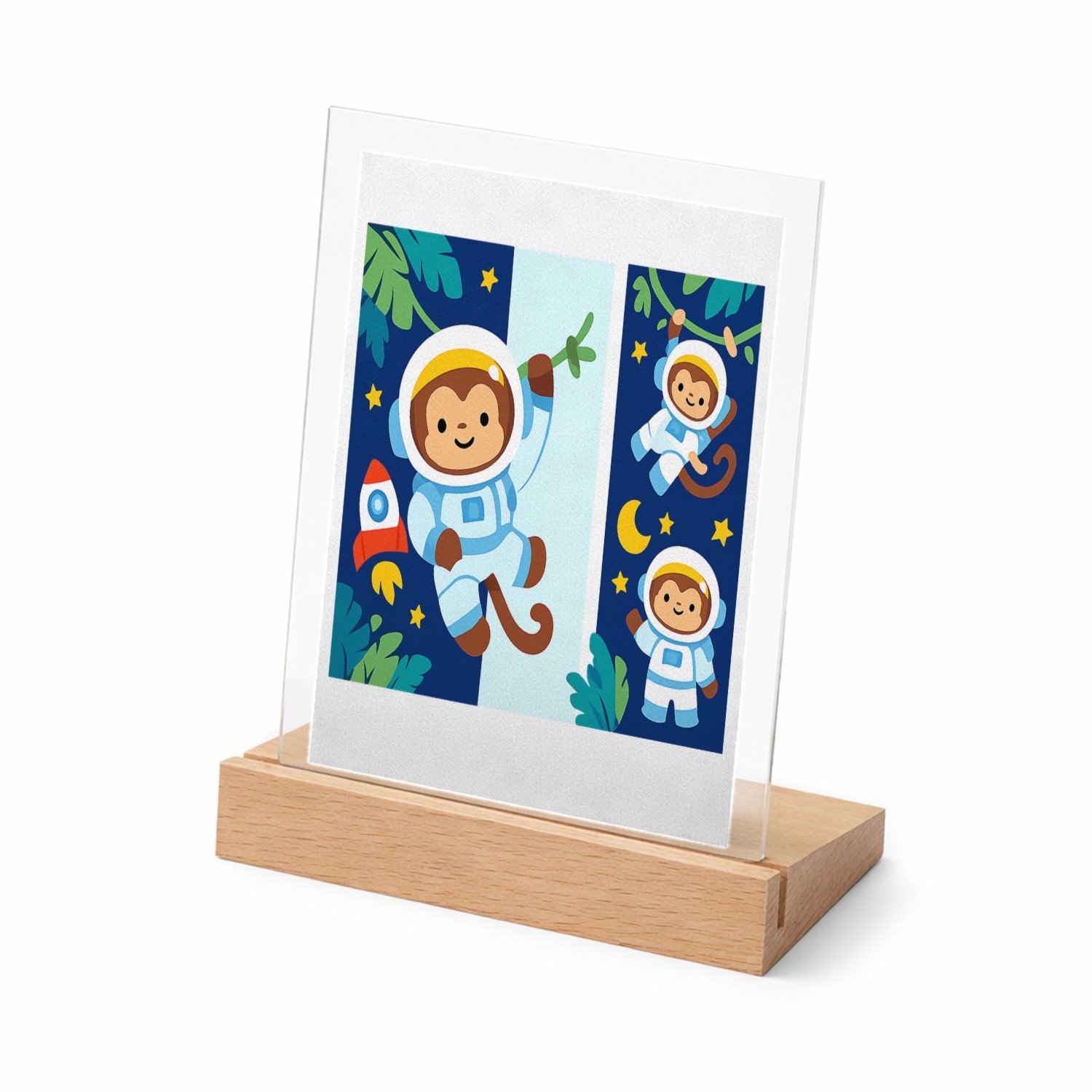 Mr Cadeautjes Glasframe met vaste tekst - design Dromerige jungle met hangende aapjes en tropische bladeren | cadeau Wit