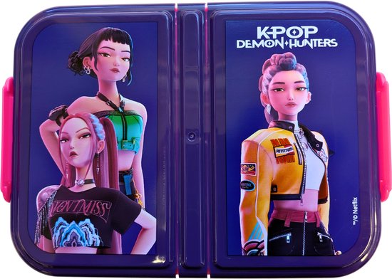 Paarse lunchtrommel met deksel met K-pop Demon Hunters-personages en roze zijkanten.