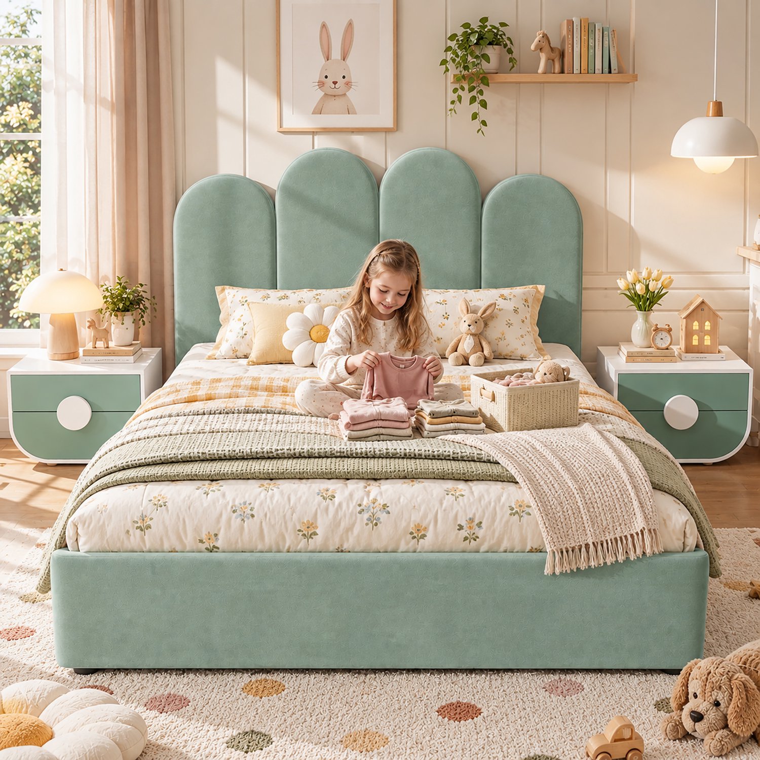 DantefHandels Gestoffeerd bed 140 x 200 cm met 4 laden, lichtgroen fluweel, gebogen hoofdbord en extra opbergruimte