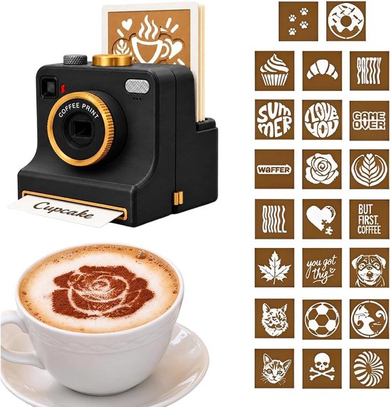 Zwarte koffie-printer in retro-camerastijl met gouden lens en diverse stencils voor latte art.
