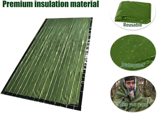 2 stuks - Slaapzak - 90*210 cm - Nood Slaapzakken voor overleving - thermische dekens voor overleving - noodbivakzak - buitenaccessoires - met fluitje en tas - voor kamperen in de buitenlucht, wandeluitrusting, noodvoorraden - groen — afbeelding 4