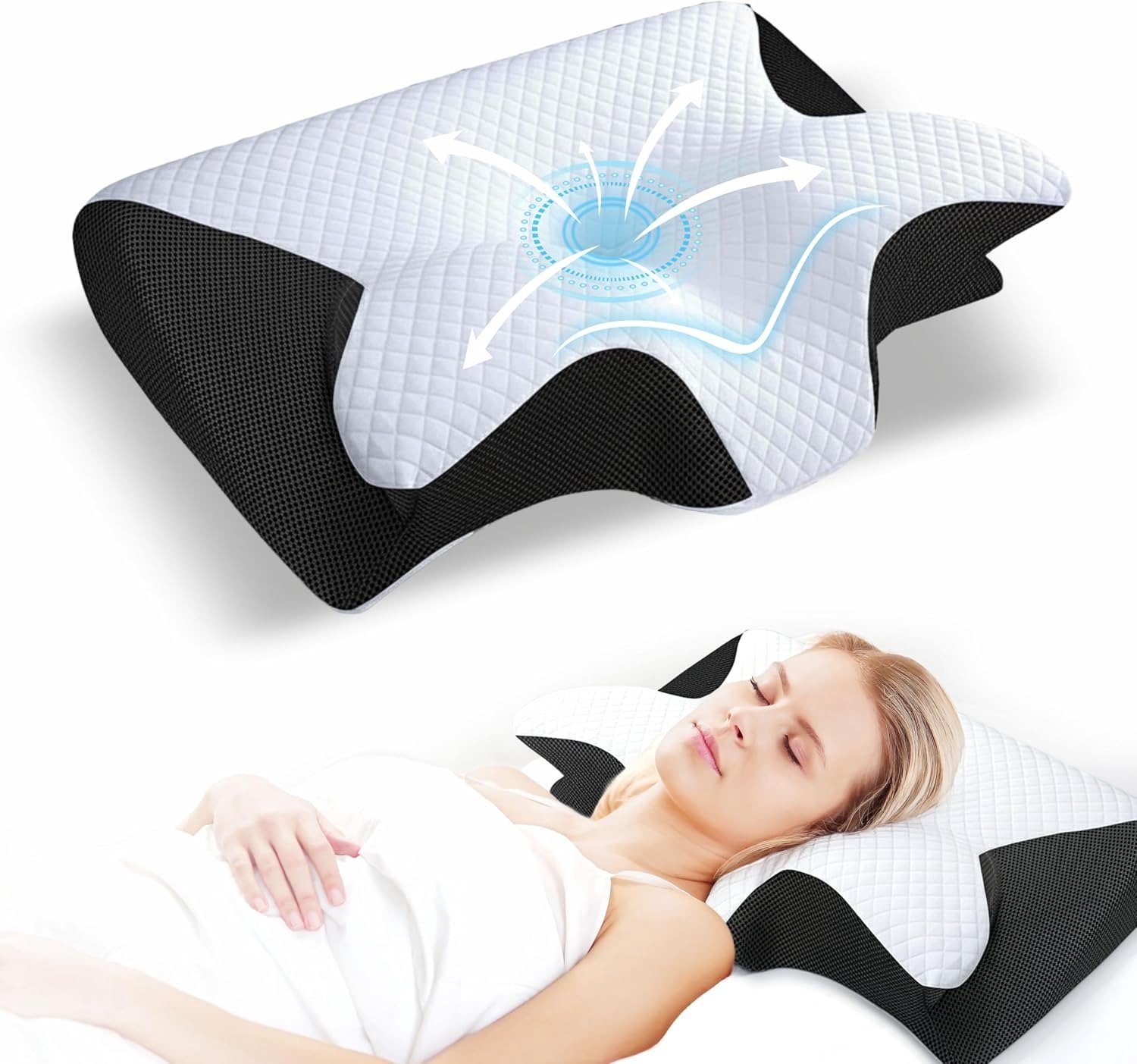 Mrilary Ergonomisch nek- en hoofdkussen voor slapen, memory foam kussen voor volwassenen - vlindervormig contourdessin, zij- en rugslapers, schoudercomfort, 3D luchtkanalen, wasbare hoes Wit