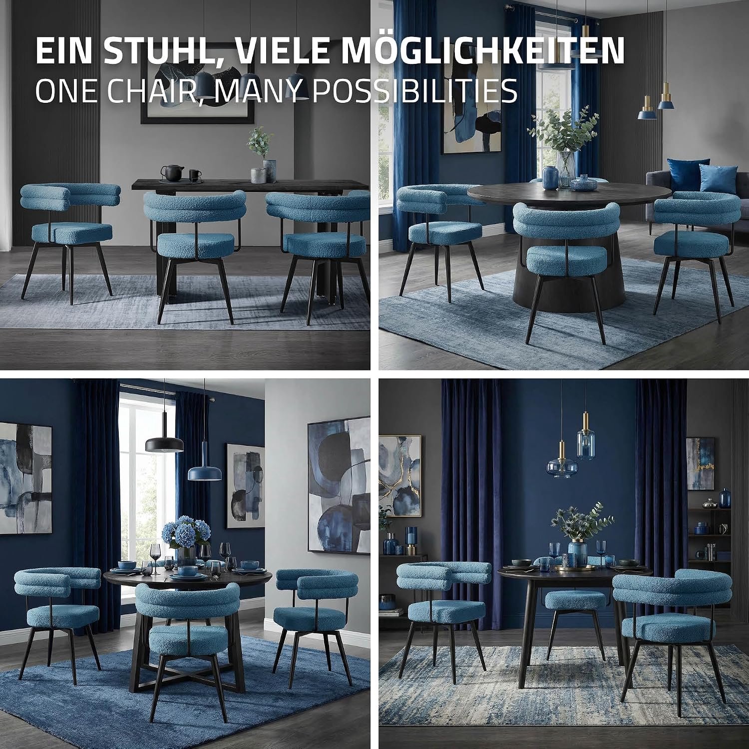Draaibare Eetkamerstoelen Set van 2 met Armleuningen – Blauwe Teddy Stoffen Kuipstoelen met Ergonomische Rugleuning, 360° Draaifunctie, Zwarte Metalen Poten en Verstelbare Vloerbeschermers – 55 x 63 x 75 cm