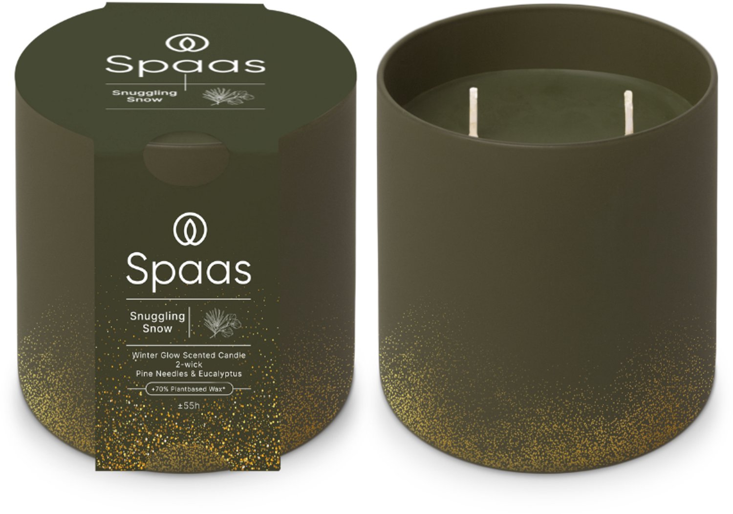 SPAAS WinterGlow Geurkaars in glas – Set van 2 kaarsen – Den en eucalyptus – circa 55u – Snuggling Snow Donkergroen