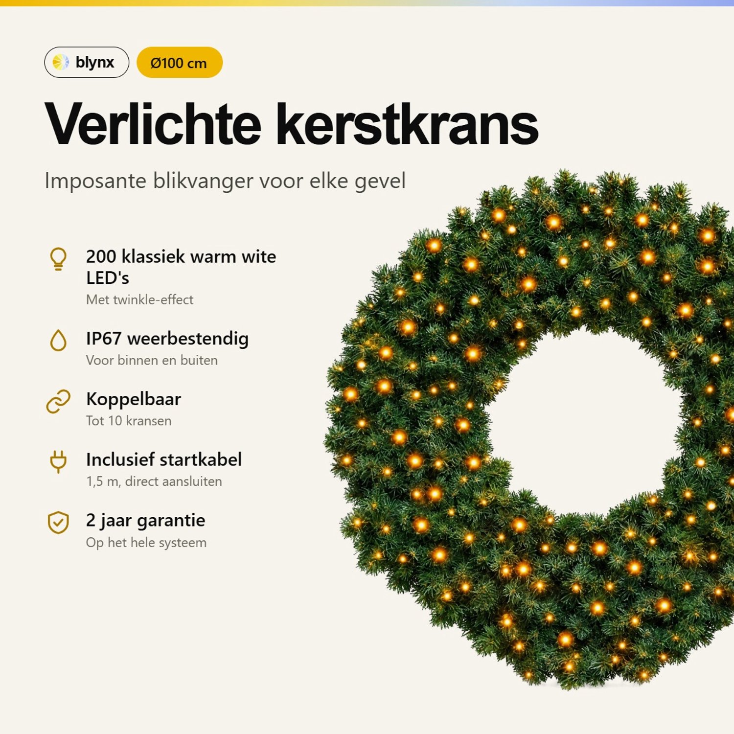 Blynx Kerstkrans met Verlichting Buiten - Ø 100 cm - 200 Klassiek Warm Witte LED Lampjes met Twinkle Effect - IP67 waterdicht - Koppelbaar - Incl. Startkabel – foto 5