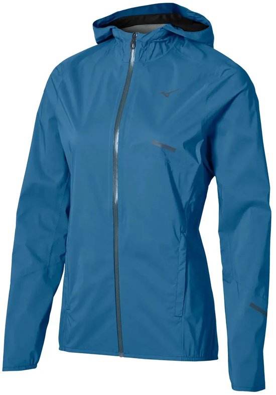 Blauw Mizuno regenjack voor dames met capuchon, rits aan de voorzijde en reflecterende details.