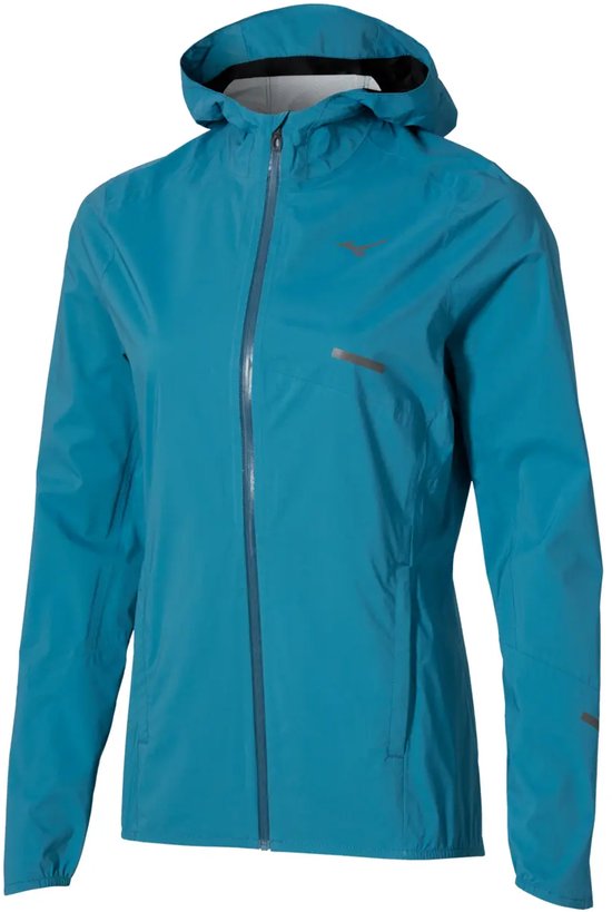 Voorkant van een blauwe Mizuno waterproof damesjack met capuchon, rits en reflecterende accenten.