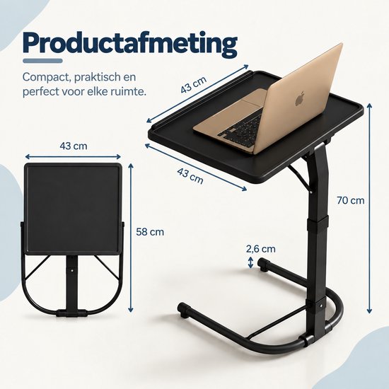 Productafmetingen van zwarte laptoptafel, 43 cm bladbreedte en 70 cm maximale hoogte.