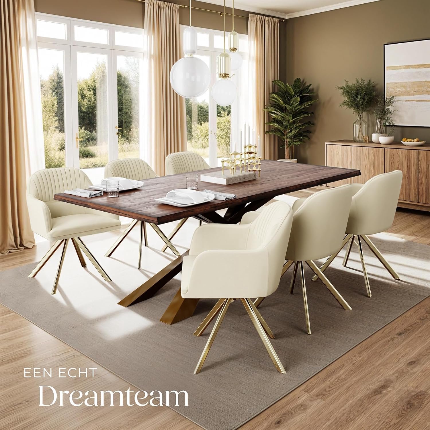Set van 2 Luxe Draaibare Eetkamerstoelen Velours met Armleuningen, 180° Draaifunctie en Automatische Terugkeerfunctie, Ergonomische Gestoffeerde Stoelen met Goudkleurig Stalen Onderstel, Crème