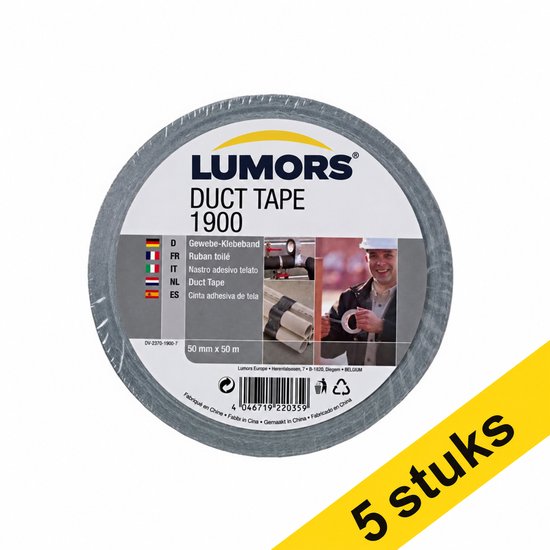 Verpakking van 5 rollen Lumors duct tape, grijze tape van 50 mm bij 50 m met instructie-afbeeldingen.