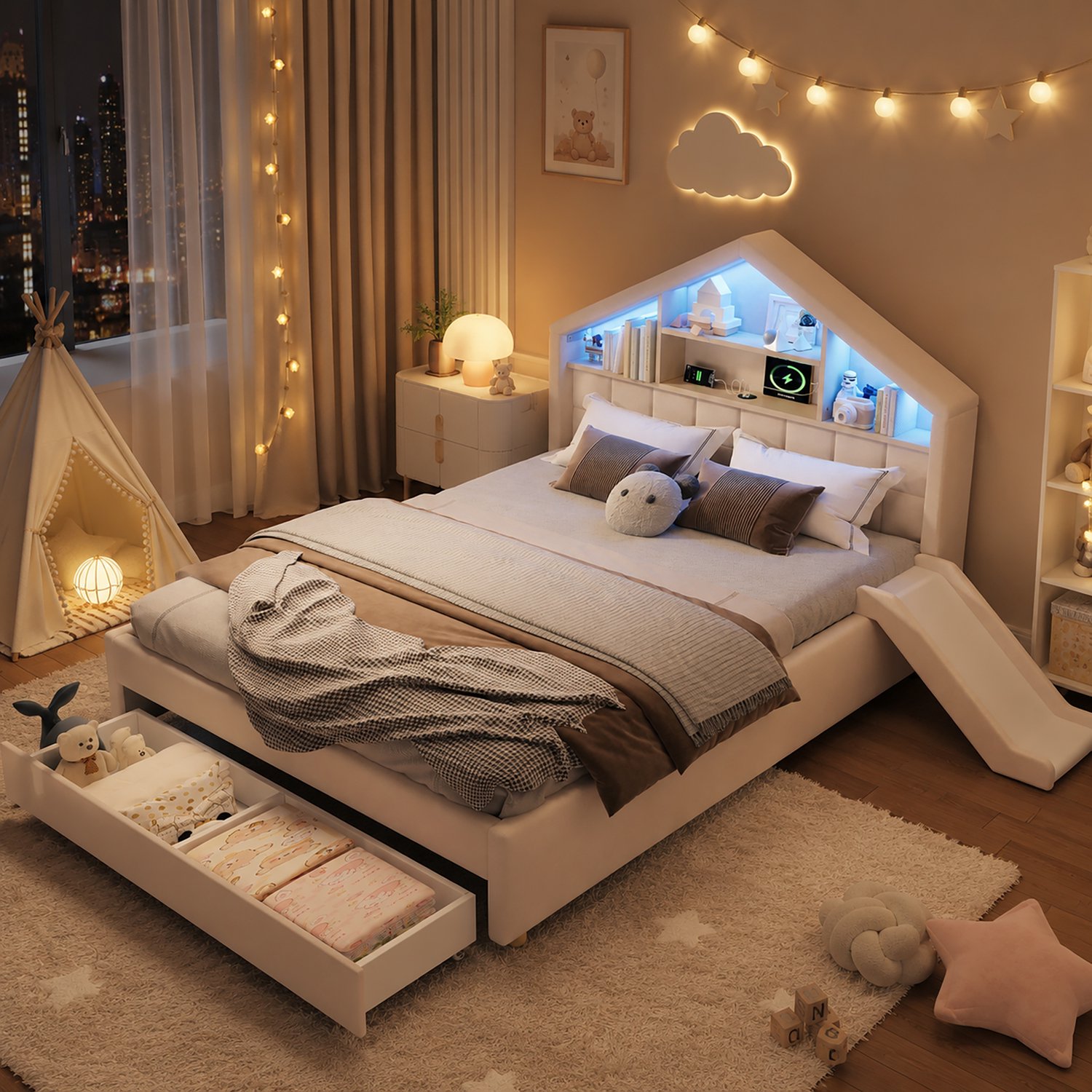 HAUSS SPOLE Gestoffeerd Kinderbed 140x200 cm - Huisbed met Glijbaan en Bedlade - Verlichting en Oplaadaansluiting - Zonder Matras - Fluweel - Beige