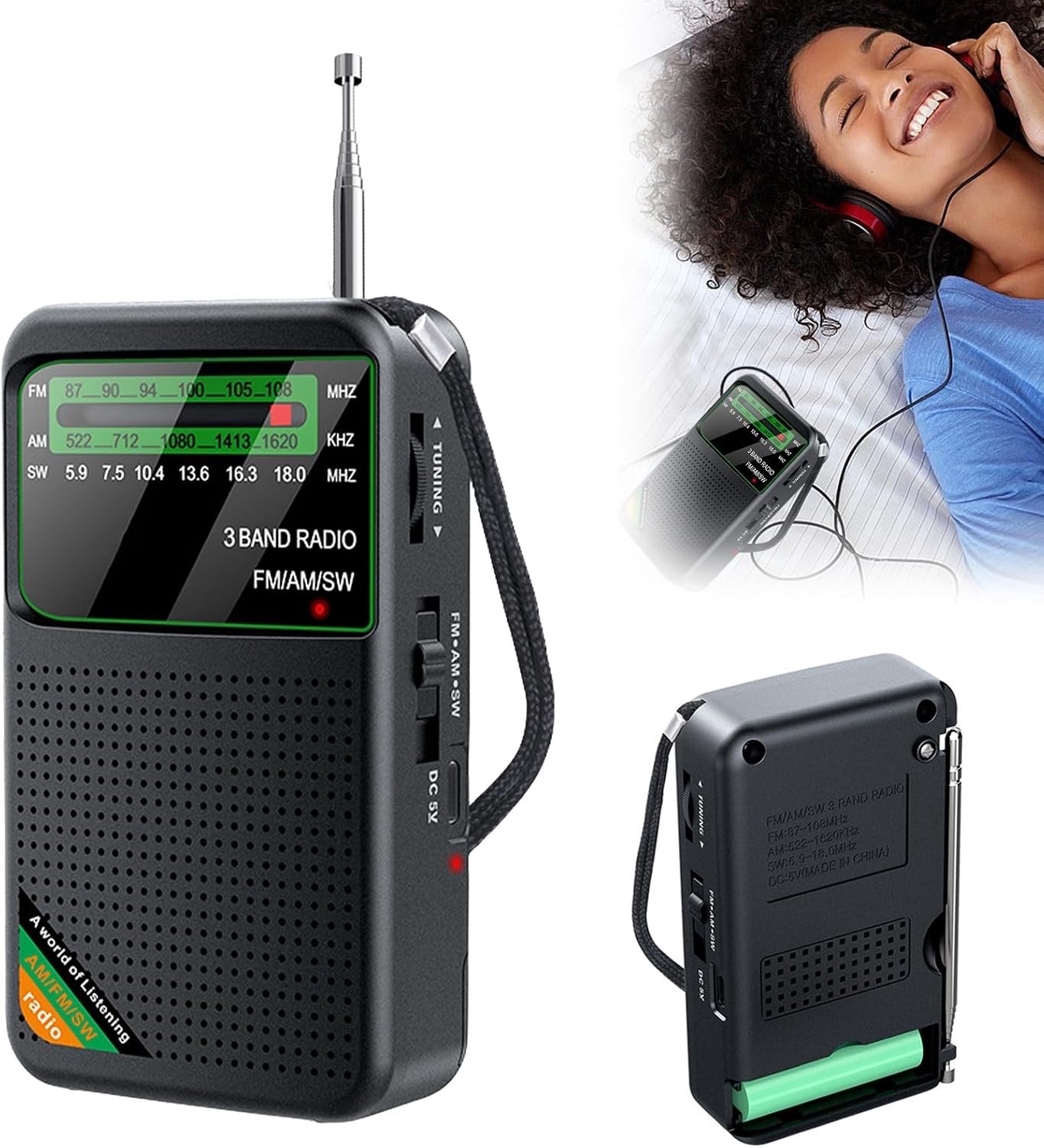 Draagbare FM/AM Radio - Zwart - Compacte Zakradio - Werkt op Batterijen - Voor Kamperen en Reizen