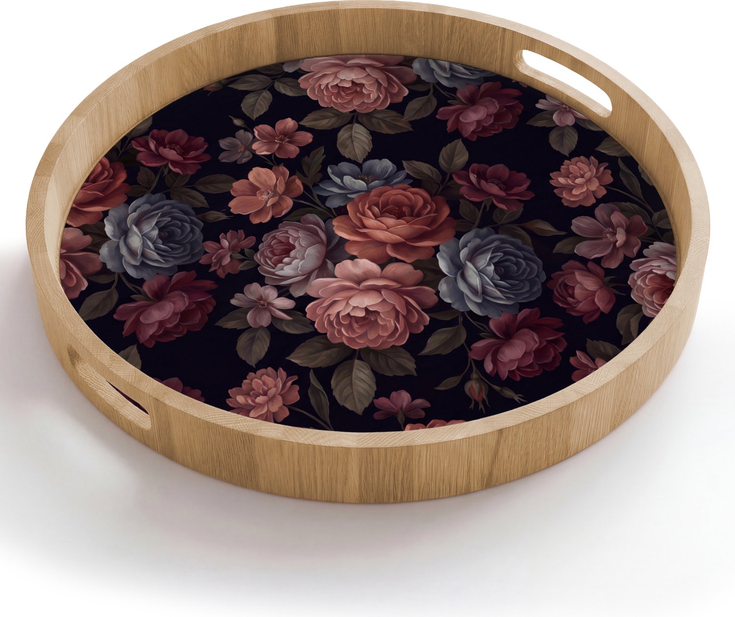 Dienblad rond 50x50 cm - Schootdienblad hout - Bloemen - Patroon - Vintage - Donker - Roze - Borrelplank rechthoek - Plateau houten dienbladen