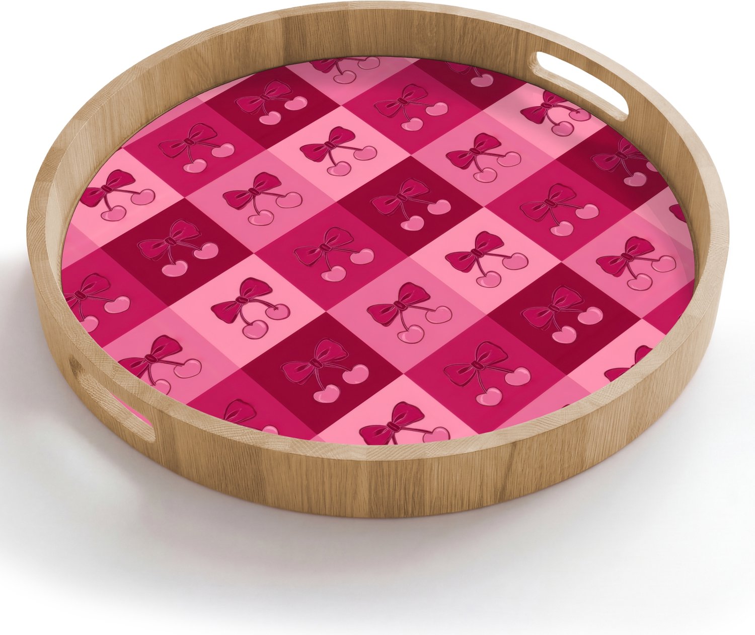 Dienblad rond 50x50 cm - Schootdienblad hout - Kersen - Strikjes - Speels - Roze - Bordeaux - Borrelplank rechthoek - Plateau houten dienbladen