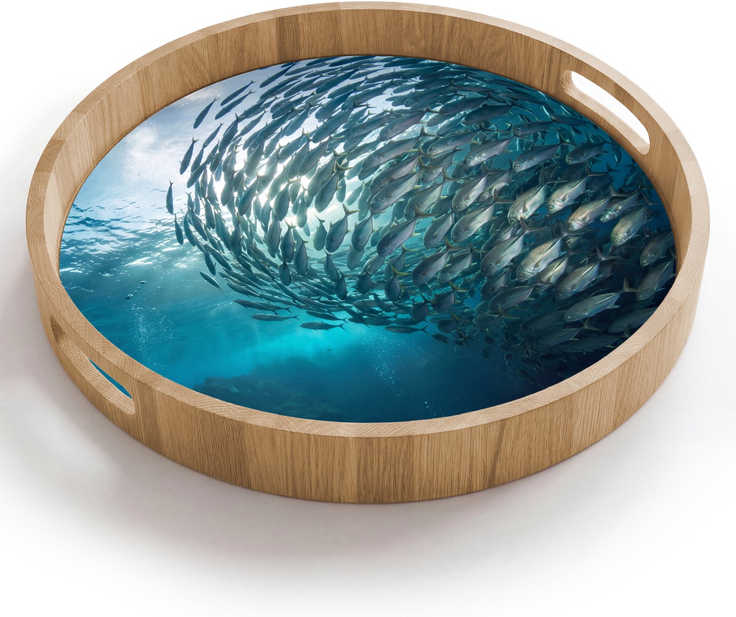 Dienblad rond 40x40 cm - Schootdienblad hout - Vis - School - Oceaan - Natuur - Blauw - Borrelplank rechthoek - Plateau houten dienbladen