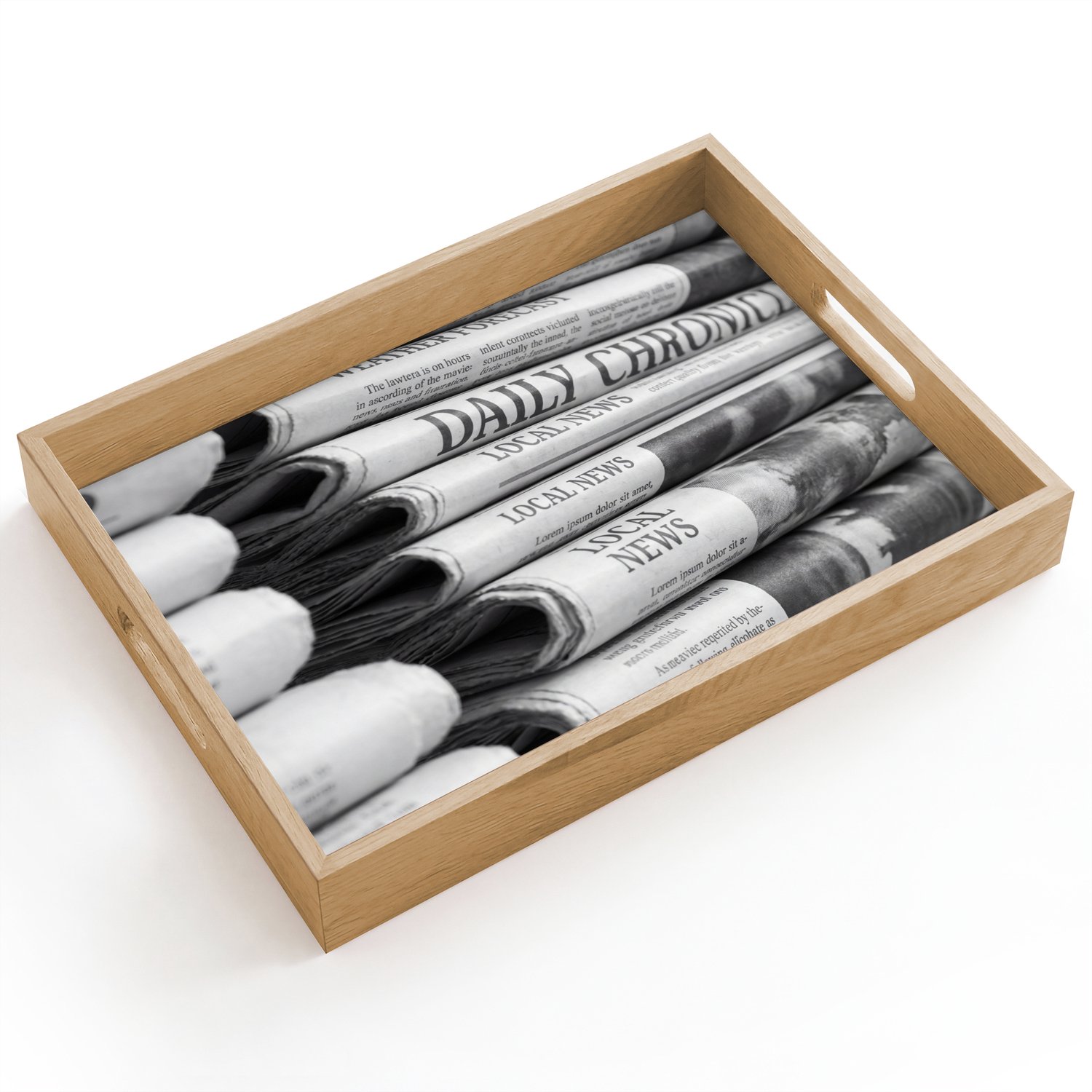 Dienblad hout 40x30 cm - Schootdienblad - Krant - Stapel - Nieuws - Zwart-wit - Media - Borrelplank rechthoek - Plateau dienbladen