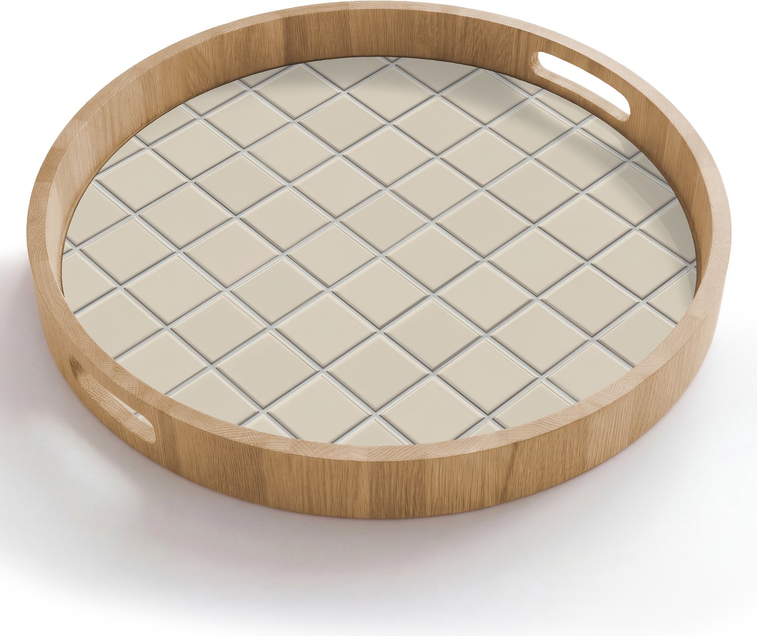 Dienblad rond 50x50 cm - Schootdienblad hout - Patroon - Tegels - Taupe - Borrelplank rechthoek - Plateau houten dienbladen