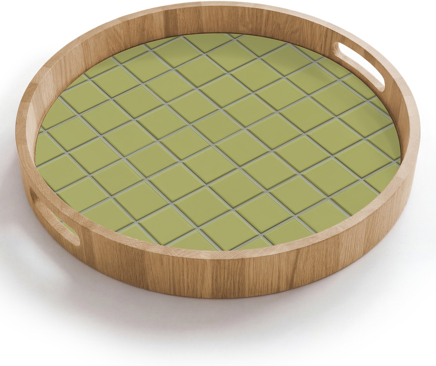 Dienblad rond 40x40 cm - Schootdienblad hout - Tegel - Patroon - Olijfgroen - Borrelplank rechthoek - Plateau houten dienbladen