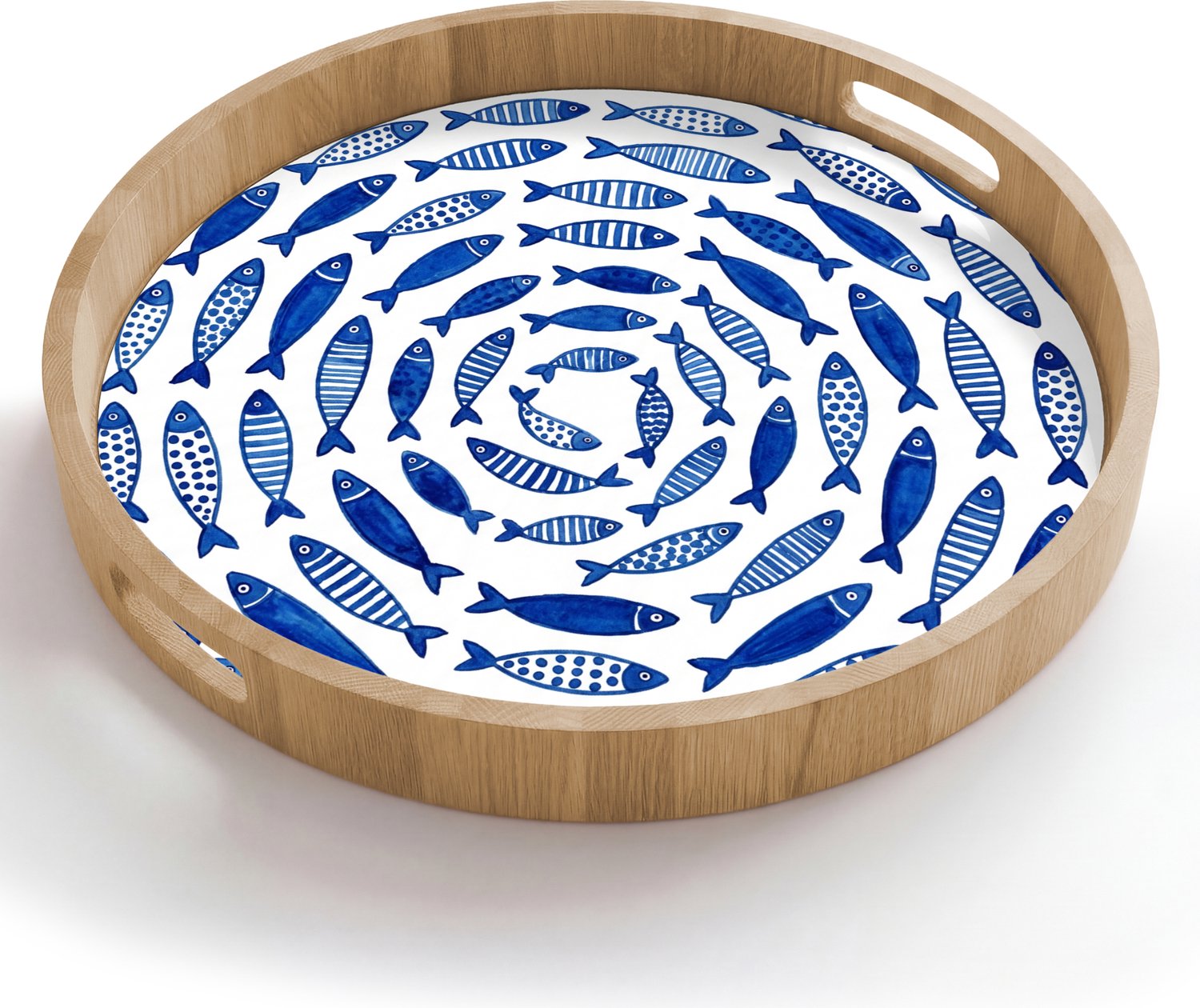 Dienblad rond 50x50 cm - Schootdienblad hout - Vis - Patroon - Onderwater - Abstract - Blauw - Borrelplank rechthoek - Plateau houten dienbladen