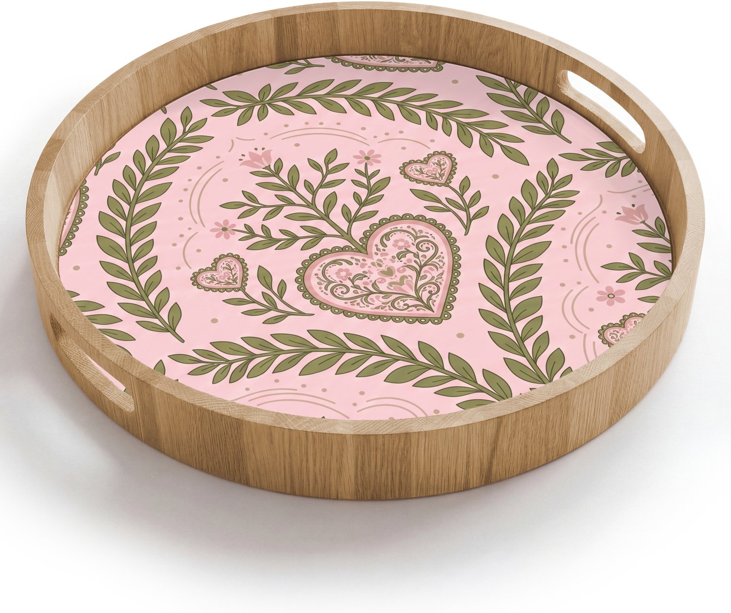 Dienblad rond 40x40 cm - Schootdienblad hout - Patroon - Hart - Bloemen - Folkloristisch - Roze - Borrelplank rechthoek - Plateau houten dienbladen