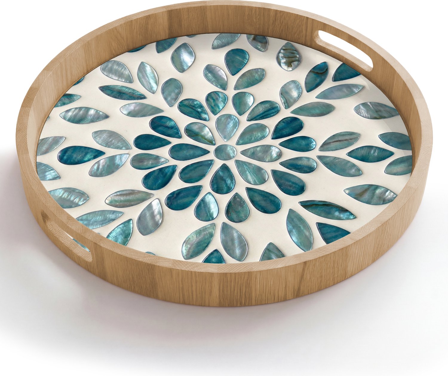 Dienblad rond 50x50 cm - Schootdienblad hout - Patroon - Bladeren - Abstract - Modern - Turquoise - Borrelplank rechthoek - Plateau houten dienbladen