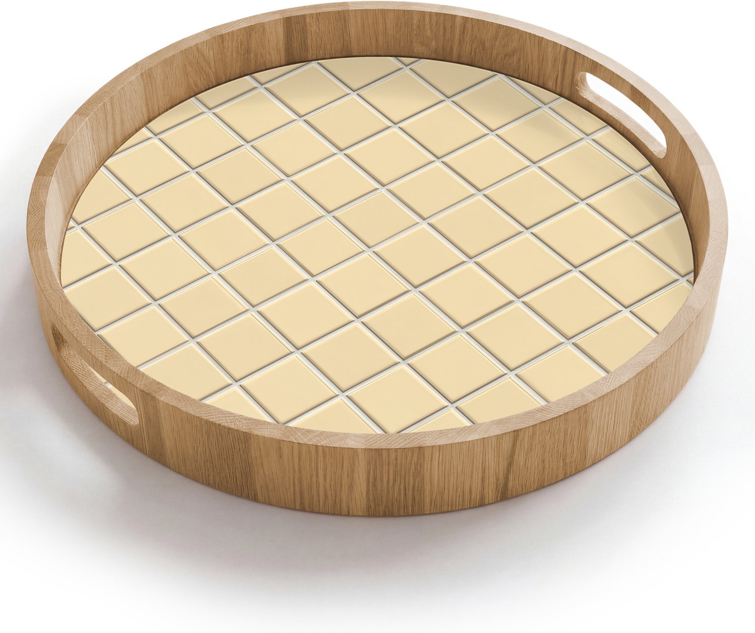 Dienblad rond 40x40 cm - Schootdienblad hout - Tegels - Patroon - Crème - Borrelplank rechthoek - Plateau houten dienbladen