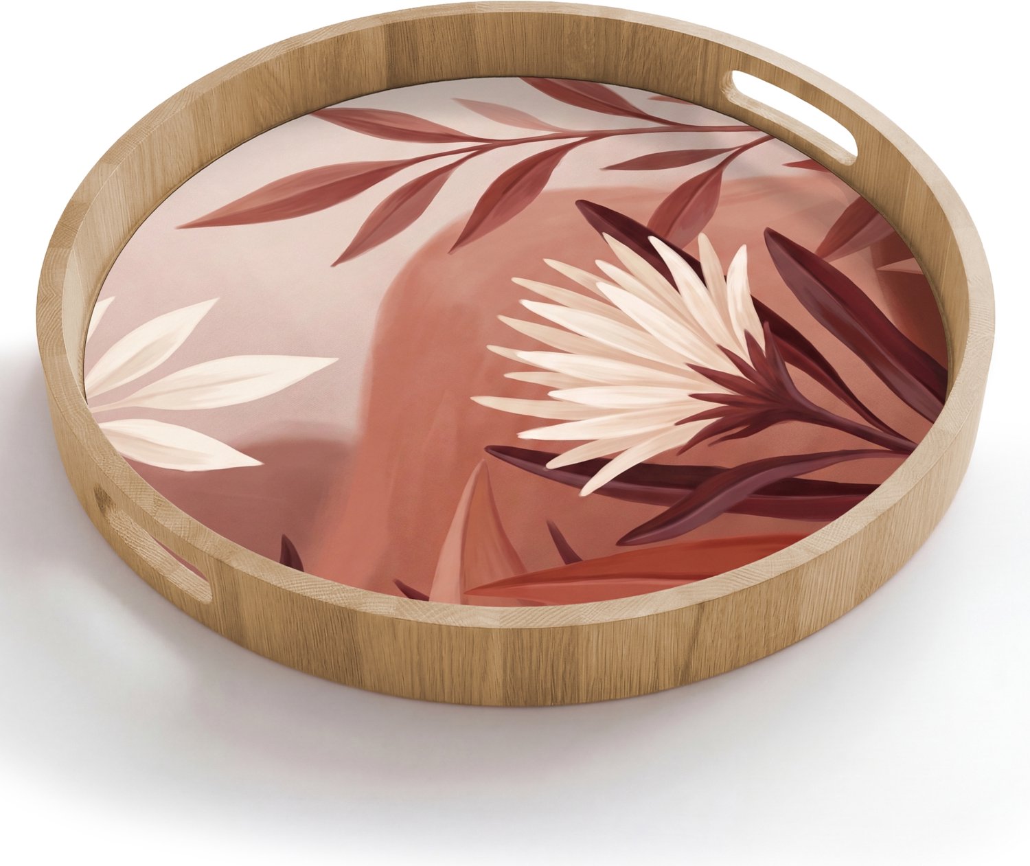 Dienblad rond 50x50 cm - Schootdienblad hout - Planten - Bladeren - Botanisch - Modern - Bruin - Borrelplank rechthoek - Plateau houten dienbladen