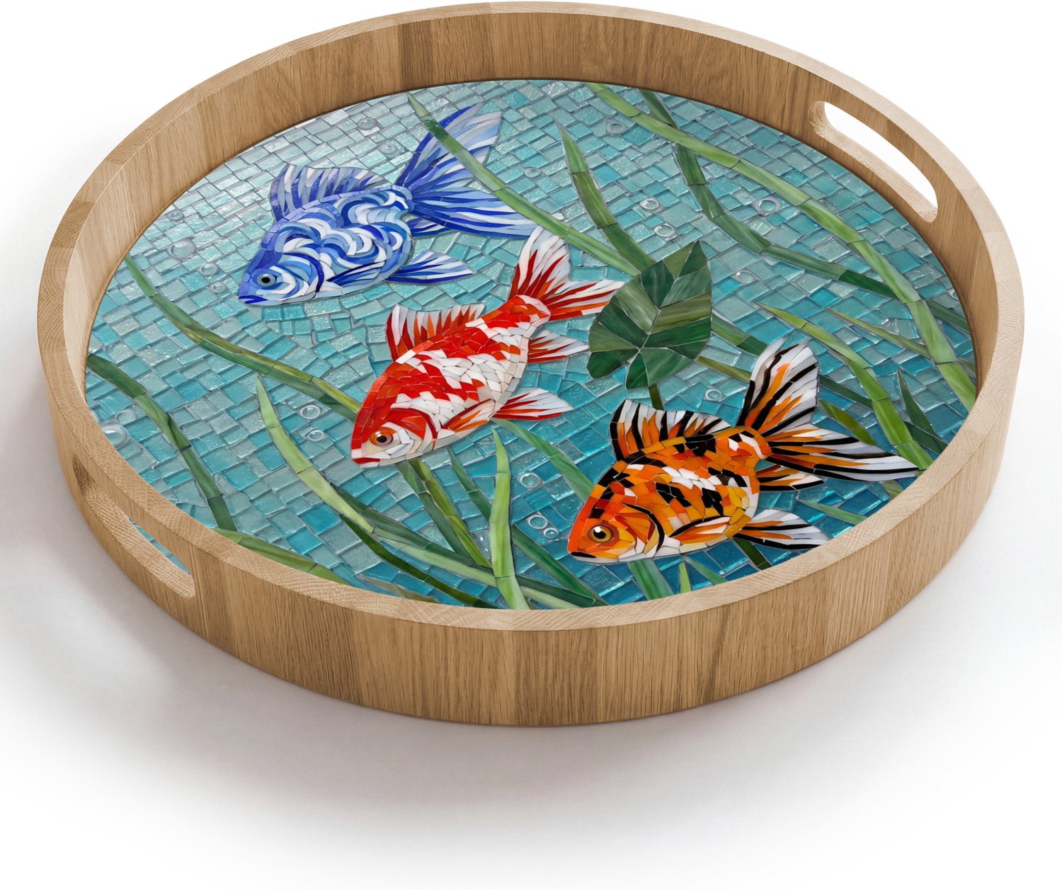 Dienblad rond 40x40 cm - Schootdienblad hout - Vis - Mozaïek - Onderwater - Kleurrijk - Dieren - Borrelplank rechthoek - Plateau houten dienbladen