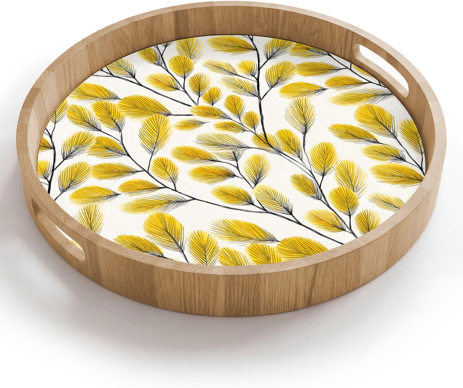 Dienblad rond 40x40 cm - Schootdienblad hout - Bladeren - Botanisch - Elegant - Geel - Zwart - Borrelplank rechthoek - Plateau houten dienbladen